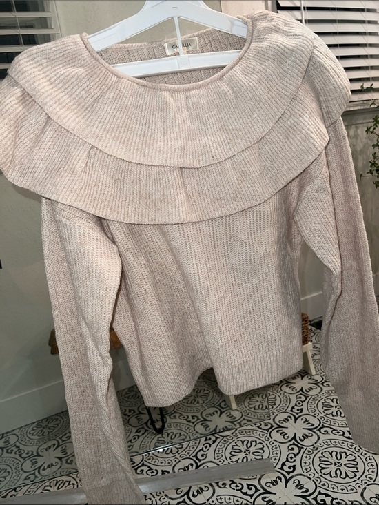 Camella Sweaters - Charming Ruffle Yoke Crewneck Sweater - Cream